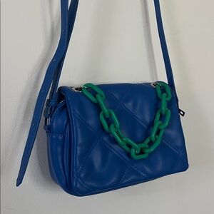 Blue Quilted Crossbody Bag with Green Chain